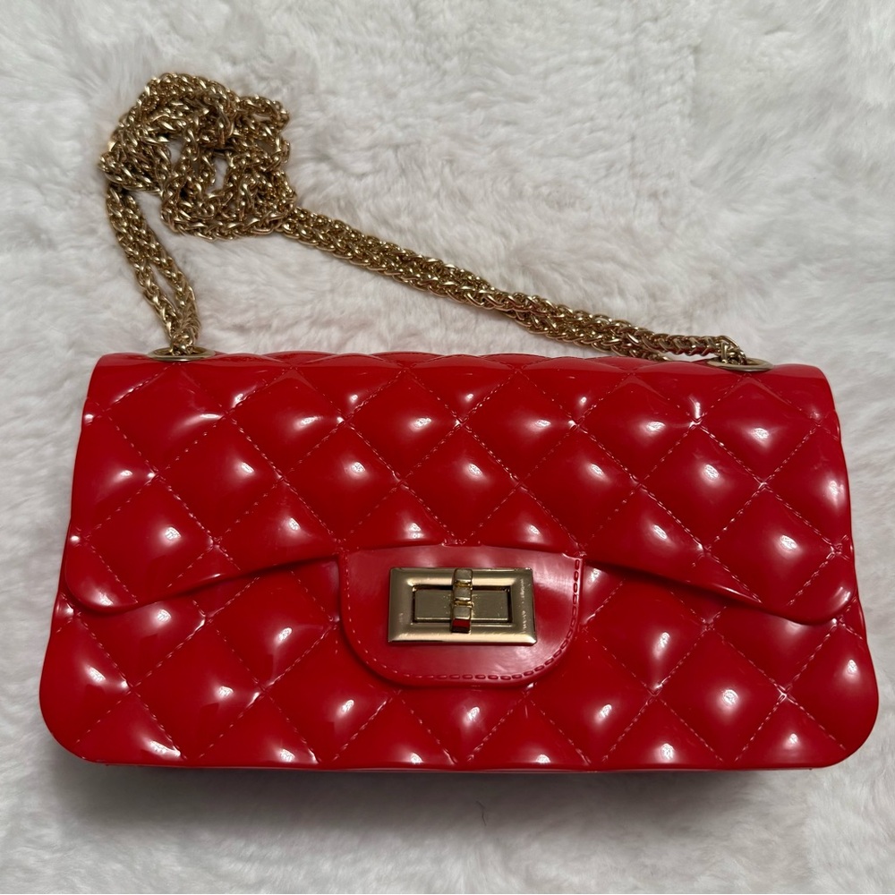 Jelly Purse - Red, Quilted with Gold Chain